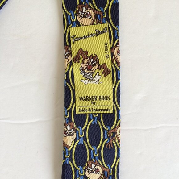 VTG 1996 Tasmanian Devil Mens Tie Silk Navy Blue Looney Tunes Warner Bros Italy - Picture 4 of 6